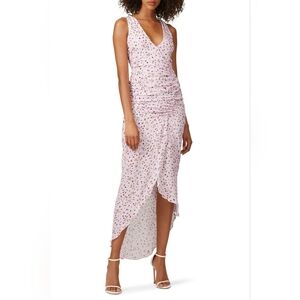 NICHOLAS Pink Purple Silk Floral Drape Front Ruched Hi Low Midi Dress Size 16